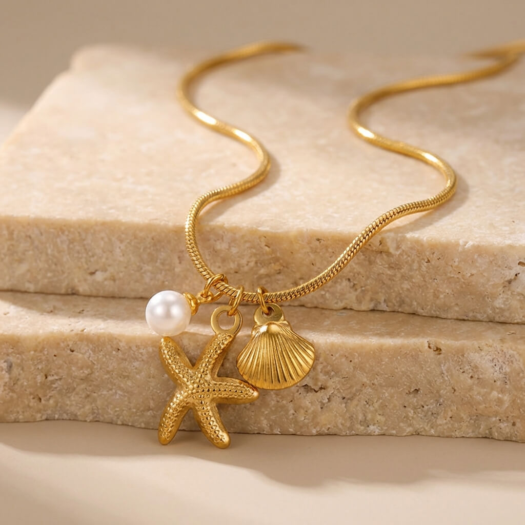 Collier charms perle étoile et coquillage en acier inoxydable