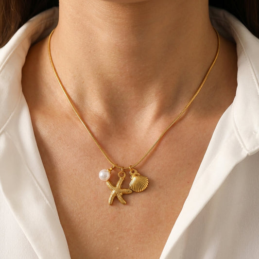 Collier charms perle étoile et coquillage en acier inoxydable