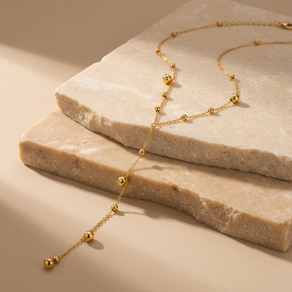 Collier sautoir Y plaqué or perles dorées