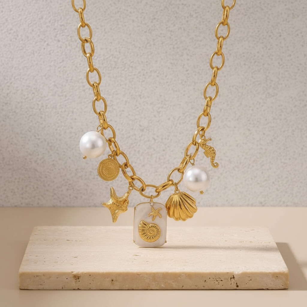 Collier océan perle et étoile de mer dorée