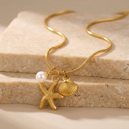 Collier charms perle étoile et coquillage en acier inoxydable