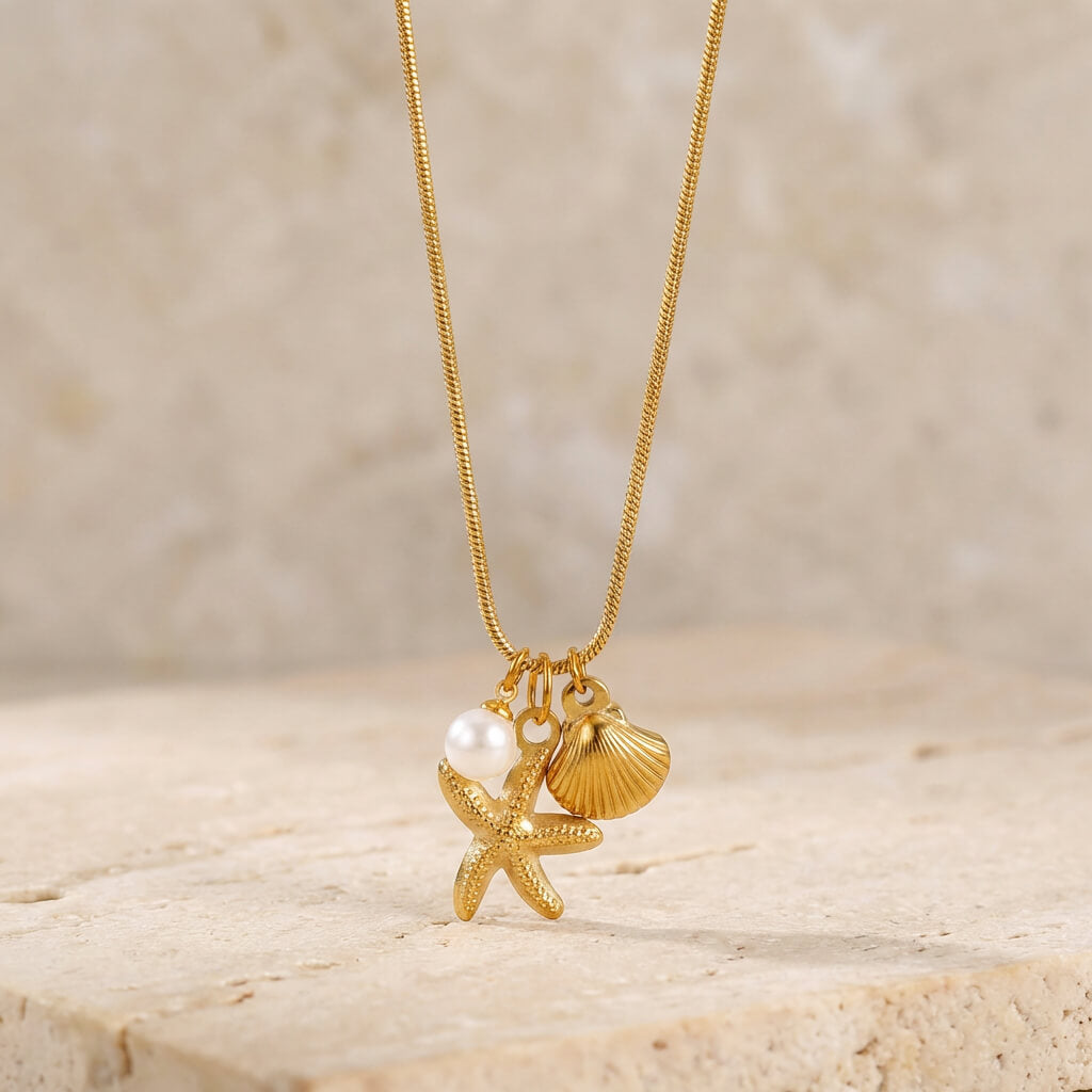 Collier charms perle étoile et coquillage en acier inoxydable
