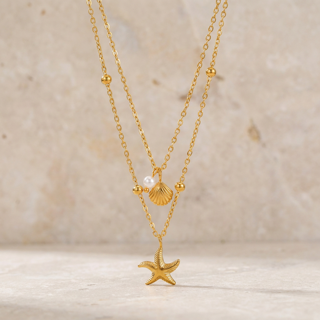 Collier double rang étoile coquillage et perle en acier inoxydable