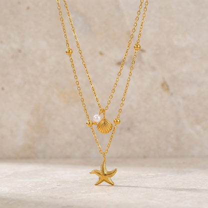 Collier double rang étoile coquillage et perle en acier inoxydable