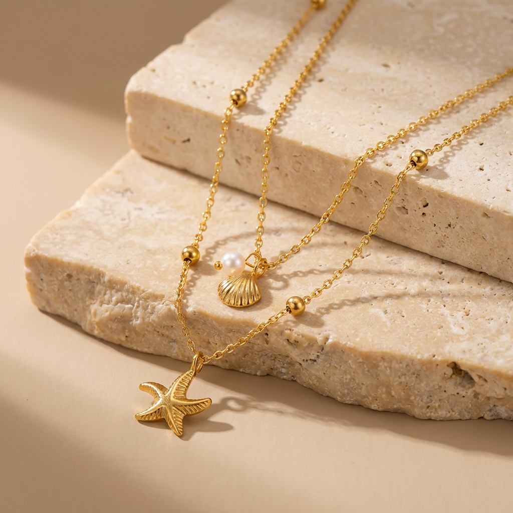 Collier double rang étoile coquillage et perle en acier inoxydable