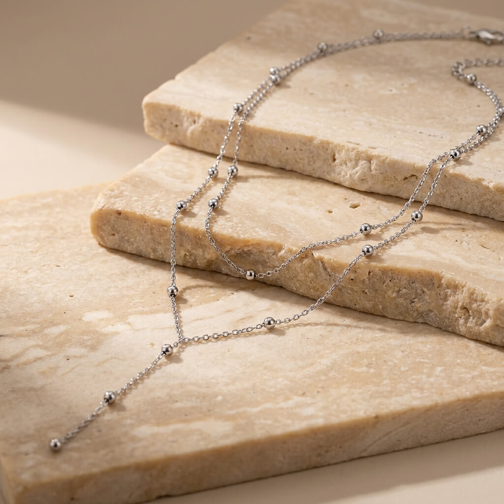 Collier double rang Y argenté en acier inoxydable